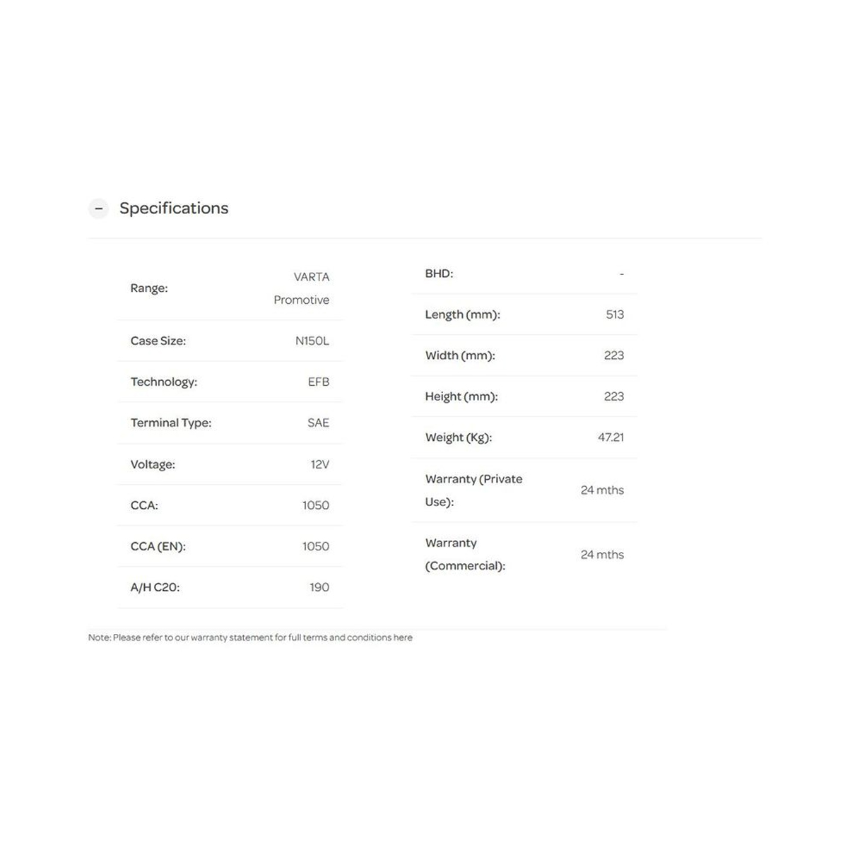 Specifications Sheet