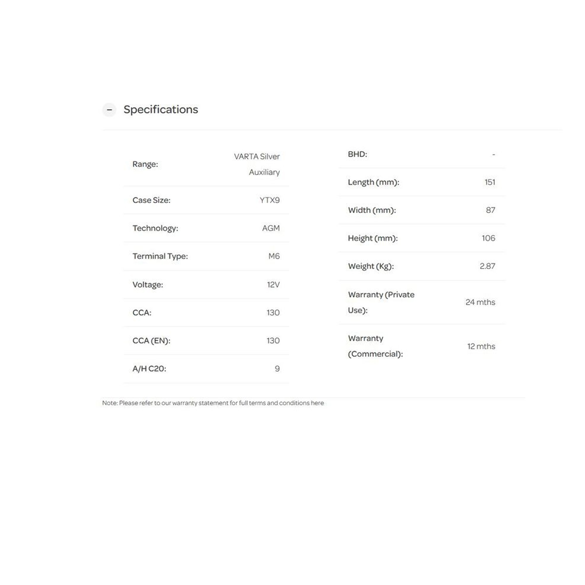 Varta AUX9 AGM Auxiliary Battery Specifications